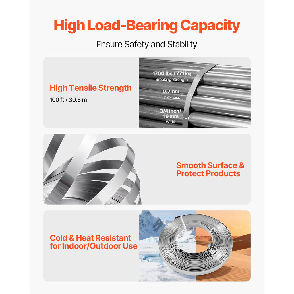 Steel Banding Strapping Kit, Heavy Duty Banding Sealer Tool with 100 ft Binding Straps, 100 Metal Clasps, Manual Pallet Packaging Strapping Kit for Warehouse, Transportation, Industrial Bundling