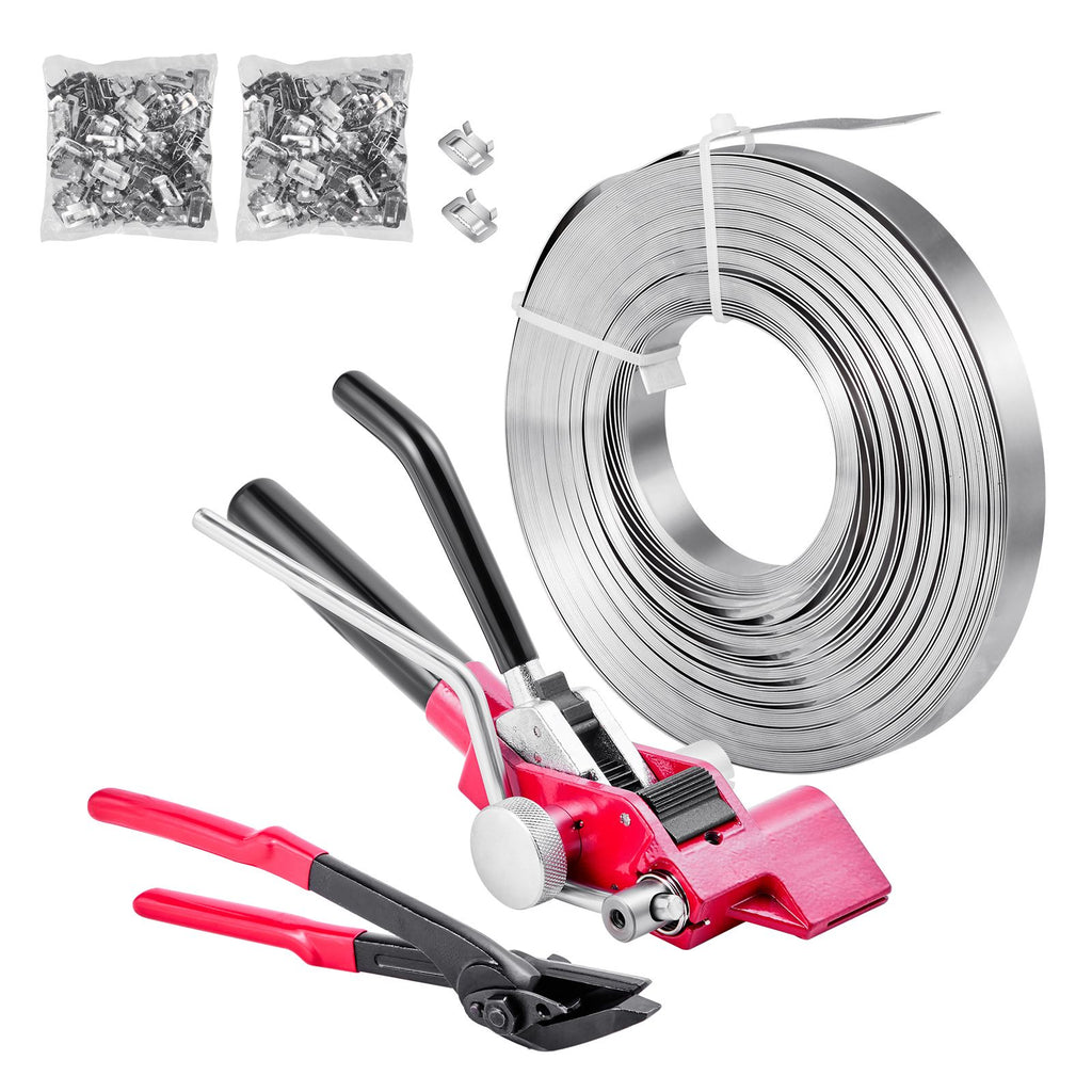 Steel Banding Strapping Kit, Heavy Duty Banding Sealer Tool with 200 ft Binding Straps, 200 Metal Clasps, Manual Pallet Packaging Strapping Kit for Warehouse, Transportation, Industrial Bundling
