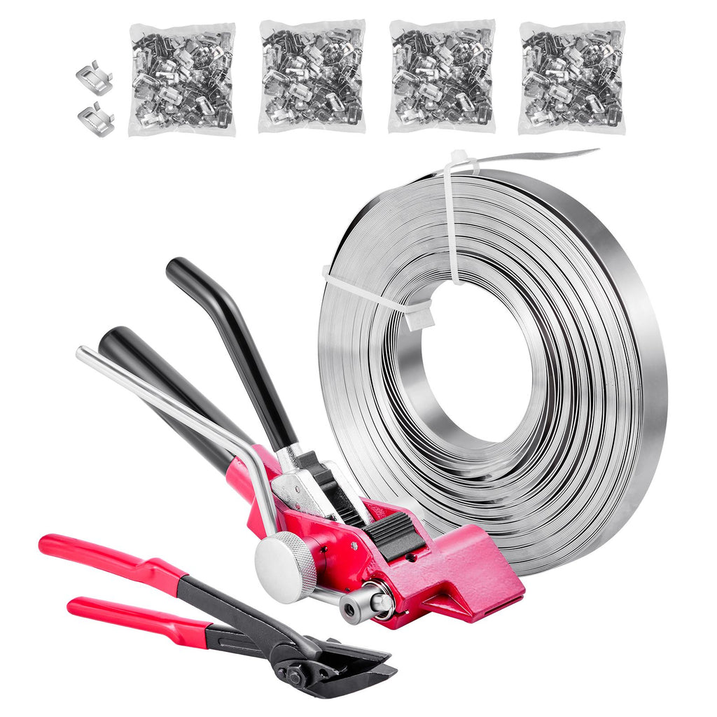 Steel Banding Strapping Kit, Heavy Duty Banding Sealer Tool with 400 ft Binding Straps, 400 Metal Clasps, Manual Pallet Packaging Strapping Kit for Warehouse, Transportation, Industrial Bundling