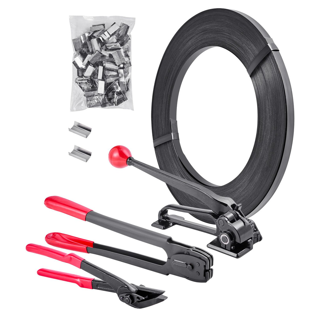 Steel Banding Strapping Kit, Heavy Duty Banding Sealer Tool with 600 ft Binding Straps, 300 Metal Seals, Manual Pallet Packaging Strapping Kit for Warehouse, Transportation, Industrial Bundling
