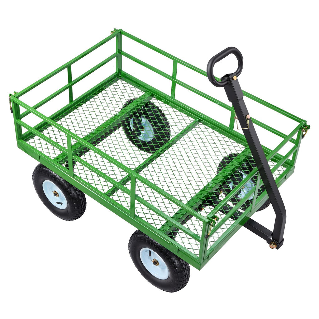 Steel Garden Cart, 1200 lbs Heavy Duty Pullable Garden Wagon Yard Cart, 2 in 1 Outdoor Metal Utility Wagon Yard Trailer with 13" All Terrain Tires, Mesh Detachable Sides and 180° Rotating Handle