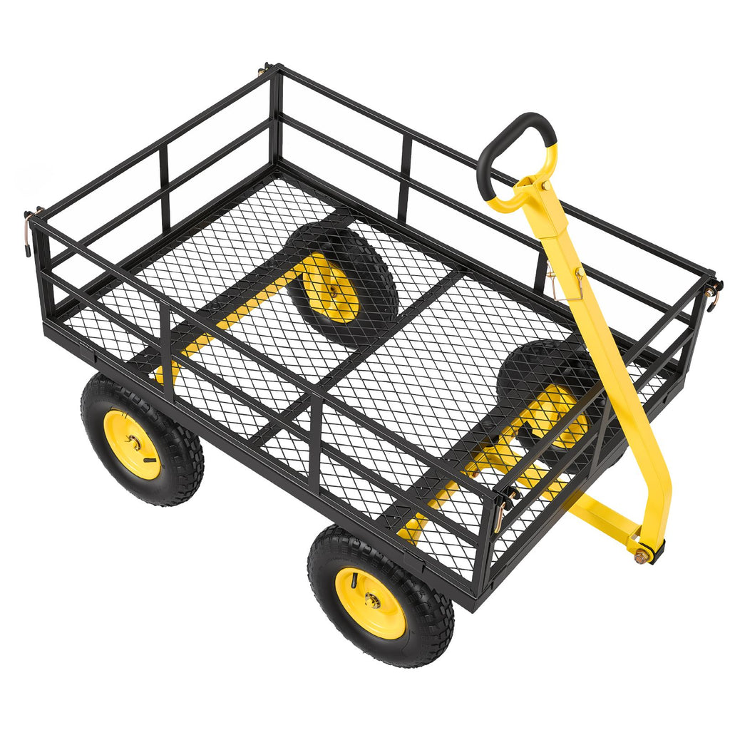 Steel Garden Cart, 1200 lbs Heavy Duty Pullable Garden Wagon Yard Cart, 2 in 1 Outdoor Metal Utility Wagon Yard Trailer with 13" All Terrain Tires, Mesh Detachable Sides and 180° Rotating Handle