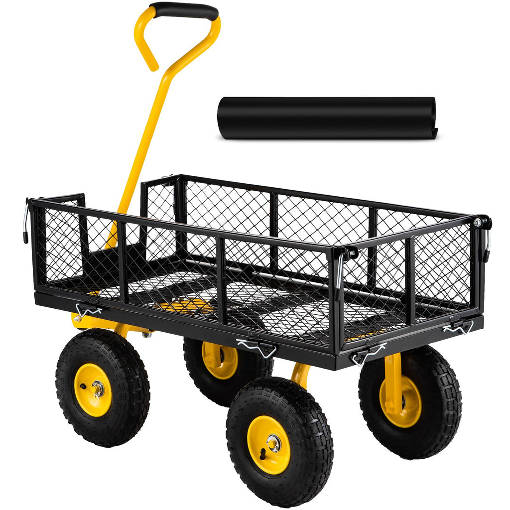 Steel Garden Cart, Heavy Duty 500 lbs Capacity, with Removable Mesh Sides to Convert into Flatbed, Utility Metal Wagon with 180° Rotating Handle and 10 in Tires, Perfect for Garden, Farm, Yard