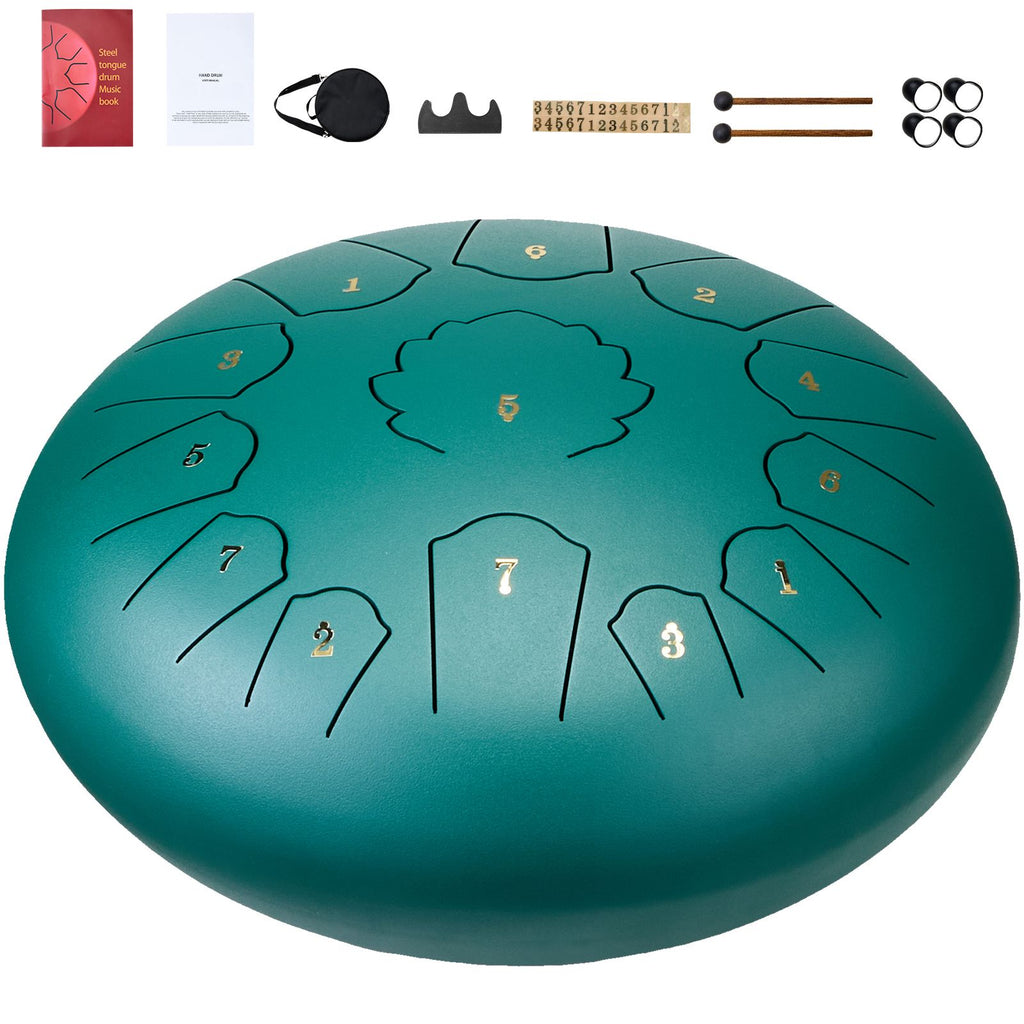 Steel Tongue Drum, 12 in & 13 Notes, C Major Steel Drum for Outside Garden, with 2 Mallets & Carry Bag, Hand Pan Drum Percussion Instrument for Meditation Musical Education Yoga, Green