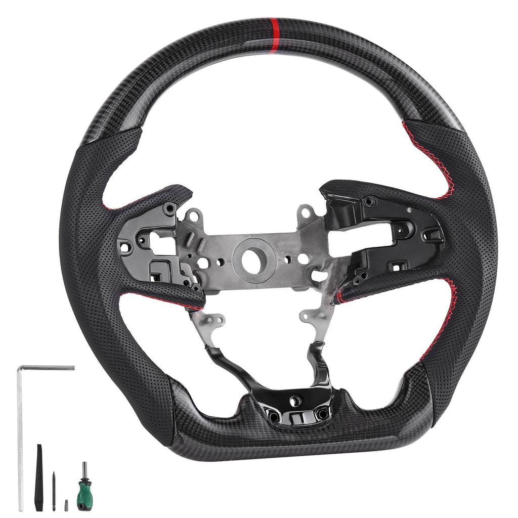 Steering Wheel for 2016-2021 Honda Civic, Carbon Fiber Steering Wheel D-Shaped Flat-Bottom, Leather Grip with Non-Slip Texture & Precise Stitching, Accessories Replacement for Honda Civic, Black