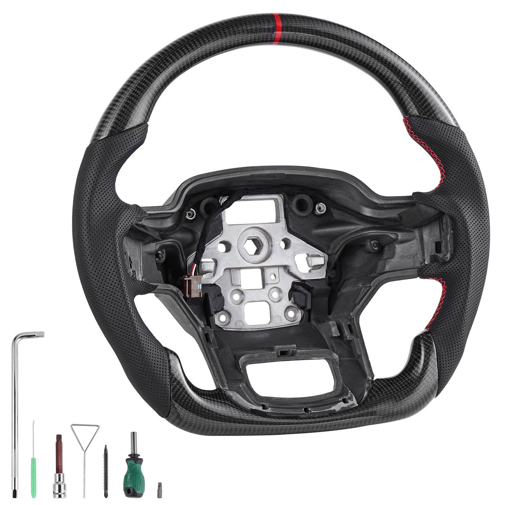 Steering Wheel for 2021-2024 Ford F150, Carbon Fiber Steering Wheel D-Shaped Flat-Bottom with Heating Function, Leather Grip with Non-Slip Texture, Accessories Replacement for Ford F150, Black