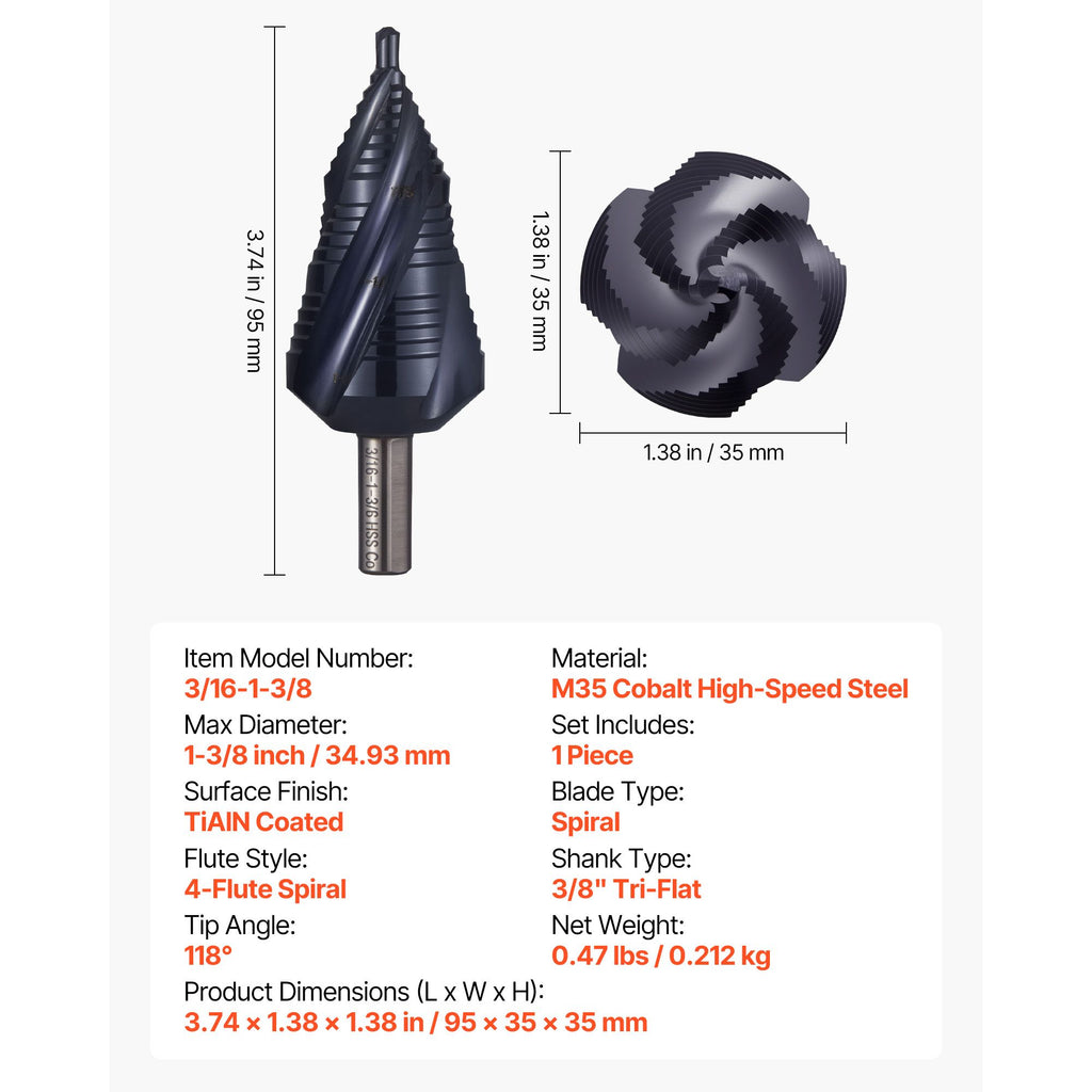 Step Drill Bit, 3/16 to 1-3/8 inch, 3/8 inch Triangular Shank, TiAlN Coating Cobalt High Speed Steel, Four Spiral Flute Step Bit for Metal, Stainless Steel, Aluminum, Wood, Plastic, Fiberglass