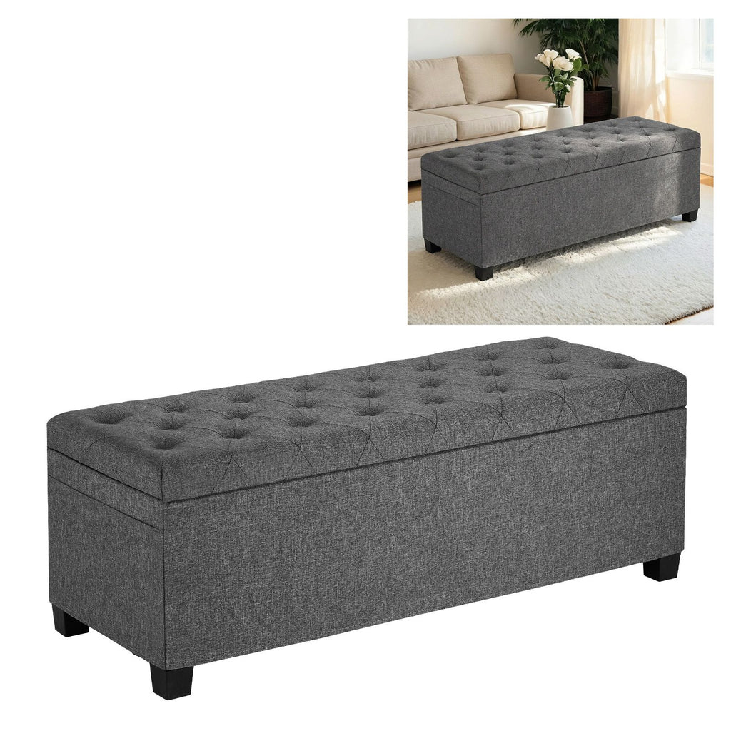 Storage Ottoman Bench, Button-Tufted End of Bed Bench with Side Bags, Flip-up Upholstered Storage Chest with Metal Frame, Linen Bed Ottoman for Living Room, Bedroom, Entryway, Office, Grey