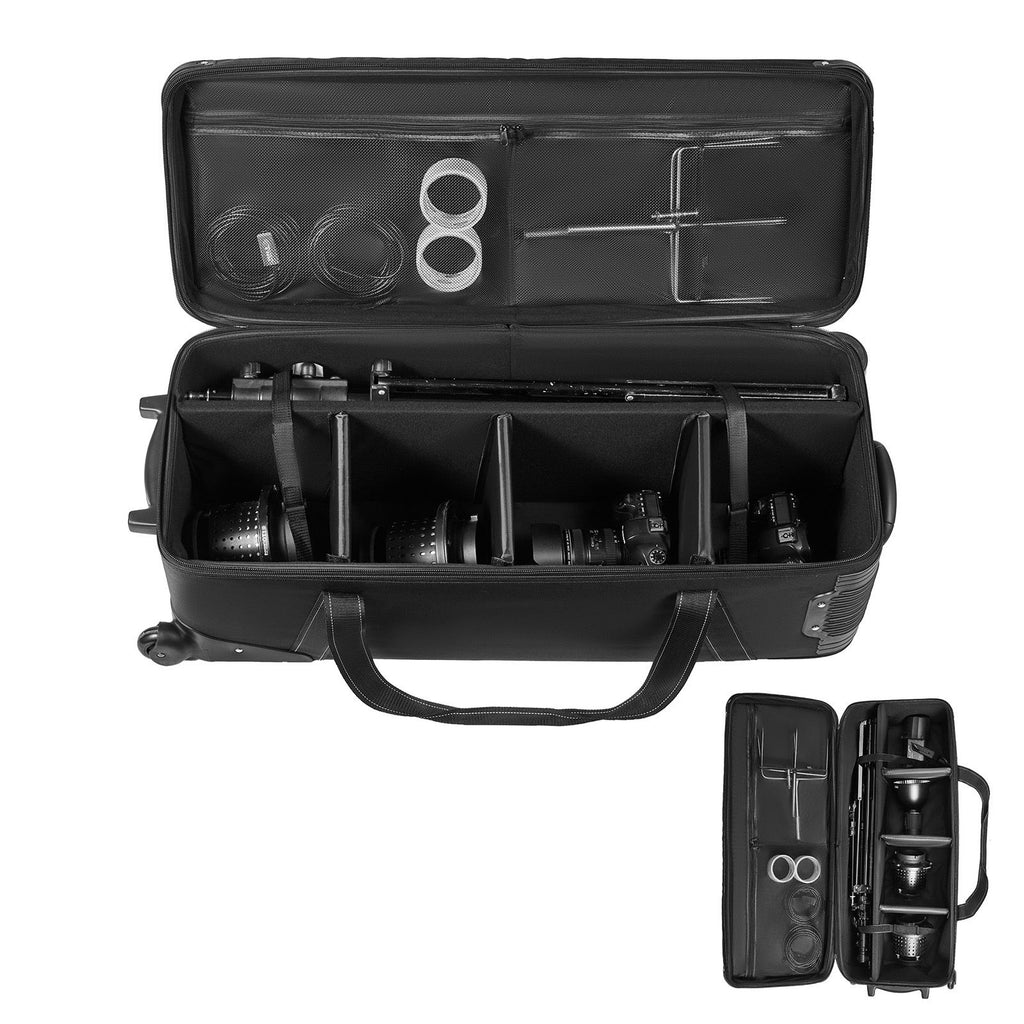 Studio Equipment Trolley Case, 35.83 x 11.81 x 14 in / 91 x 30 x 35.5 cm, Rolling Camera Bag, Carrying Bag with Wheels Straps Padded Compartment Handle, for Light Stands, Tripods, Telescopes