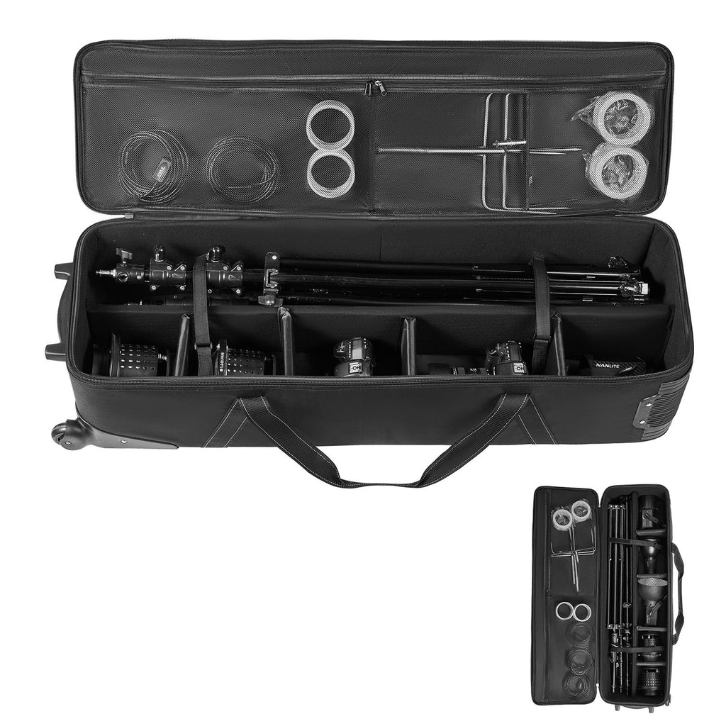 Studio Equipment Trolley Case, 39.37 x 14.96 x 12.60 in / 100 x 38 x 32 cm, Rolling Camera Bag, Carrying Bag with Wheels Straps Padded Compartment Handle, for Light Stands, Tripods, Telescopes
