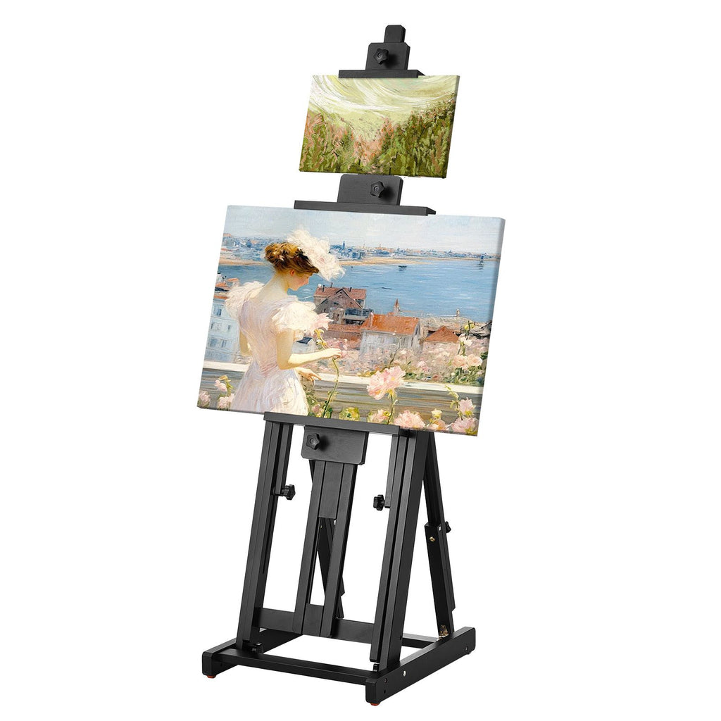 Studio H-Frame Easel, Holds Canvas Art up to 77", Beechwood Artists Easel for Painting with Bottom Tray, Double Canvas Position, 22 lbs Load Capacity Studio Easel, Adjustable Art Painting Easel