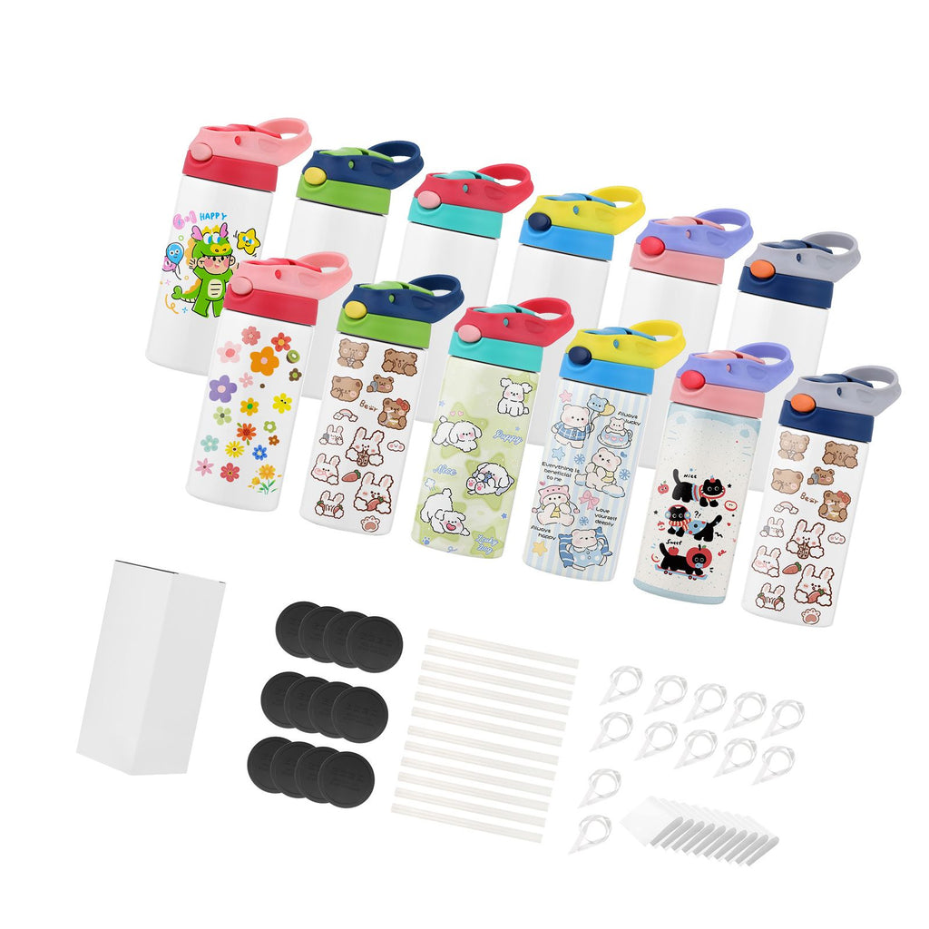 Sublimation Tumblers, 12 Pack, 12 oz Kids Sublimation Water Bottles, Food-Grade Stainless Steel Cups with Lids and Straws, Double Wall Insulated Tumbler Blank, for DIY Personalized Customization
