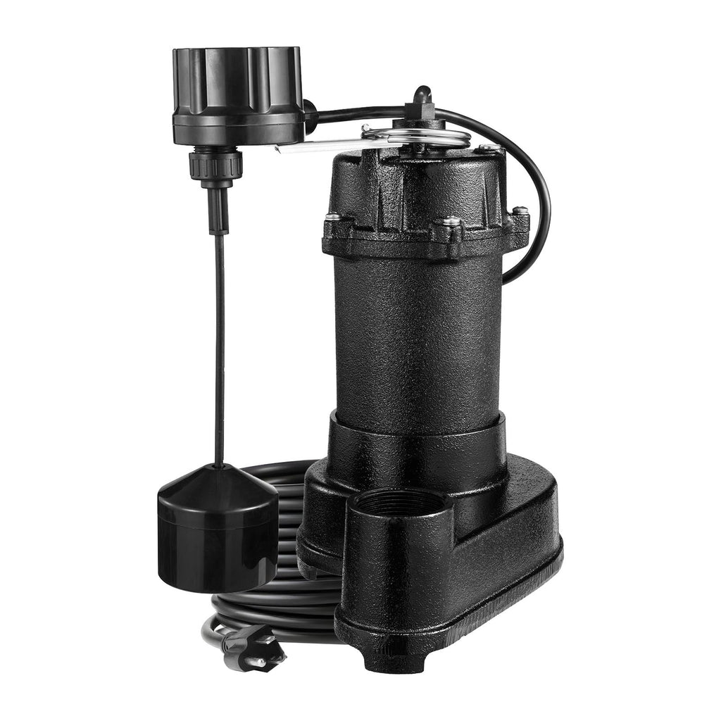 Submersible Sewage Pump, 1/3 HP, 3000 GPH Cast Iron Sewage/Effluent Pump with Automatic Float Switch, 1.5-Inch NPT Discharge, 120V, 25 ft Lift, for Basement, Septic Tank, Residential Sump Basin