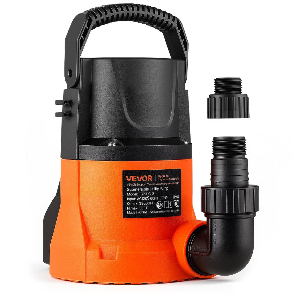 Submersible Water Pump 0.7 HP 3300 GPH Portable Utility Sump Pump, High Flow Water Removal, with 9.84 ft Power Cord, for Swimming Pool Draining Garden Ponds Hot Tubs Basements, IPX8 Waterproof