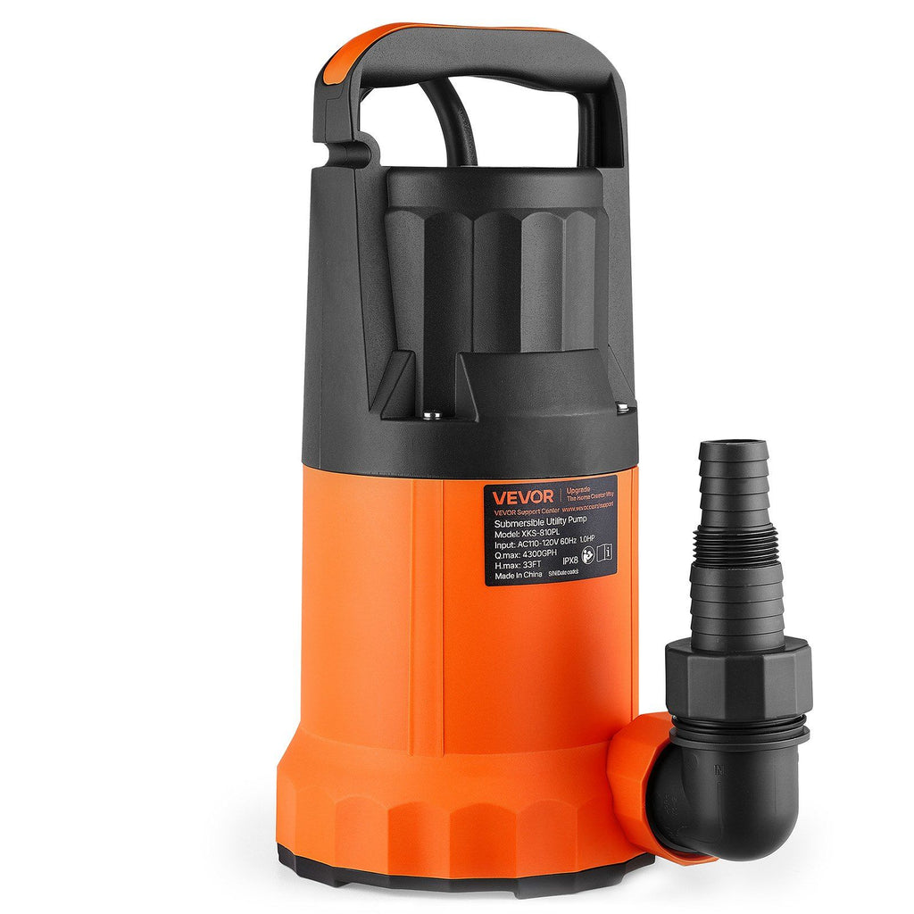 Submersible Water Pump 1 HP 4300 GPH 33 ft Head Utility Sump Pump, Portable Water Removal, Thermoplastic Material, for Swimming Pool Draining Garden Ponds Hot Tubs Basements, IPX8 Waterproof