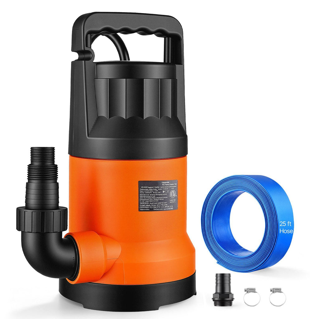 Submersible Water Pump with 25 ft Hose 1.2 HP 5000 GPH Sump Pump, Portable Water Removal, Thermoplastic Material, for Swimming Pool Draining Garden Ponds Hot Tubs Basements, IPX8 Waterproof