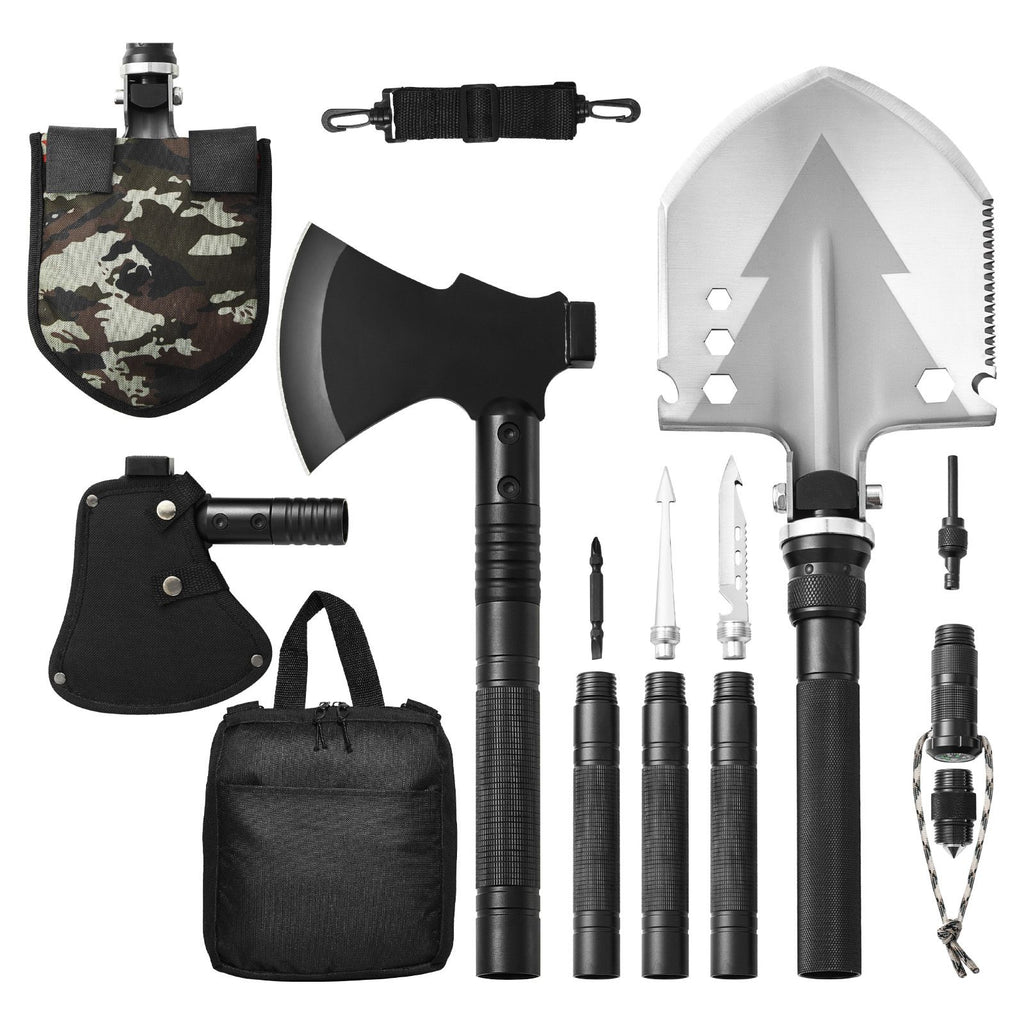 Survival Shovel Survival Axe, 16-in-1 Camping Folding Shovels with Hatchet, Stainless Steel Tactical Shovel Hatchet Combo, Multifunctional Emergency Survival Gear Equipment for Camping Hiking