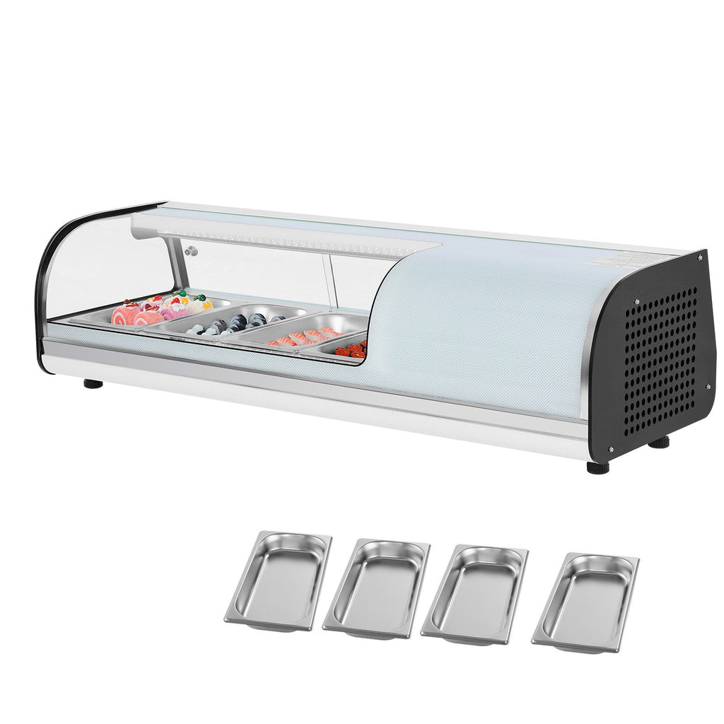 Sushi Display Case Refrigerator, 1.5 Cu.ft Commercial Sushi Case, 4-Pan Countertop Showcase with Curved Glass, LED Lighting, and Digital Temperature Control, for Sushi-Bar, Restaurant, Store