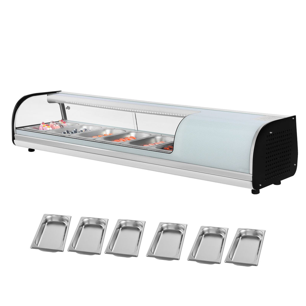 Sushi Display Case Refrigerator, 2.2 Cu.ft Commercial Sushi Case, 6-Pan Countertop Showcase with Curved Glass, LED Lighting, and Digital Temperature Control, for Sushi-Bar, Restaurant, Store