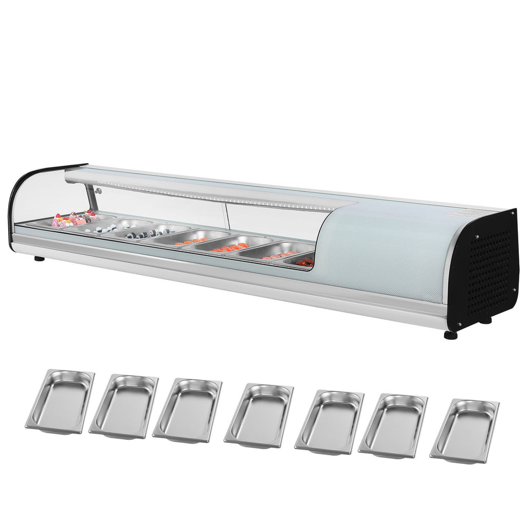 Sushi Display Case Refrigerator, 2.5 Cu.ft Commercial Sushi Case, 7-Pan Countertop Showcase with Curved Glass, LED Lighting, and Digital Temperature Control, for Sushi-Bar, Restaurant, Store