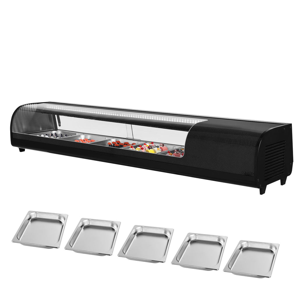 Sushi Display Case Refrigerator, 2.9 Cu.ft Commercial Sushi Case, 5-Pan Countertop Showcase with Curved Glass, LED Lighting, and Digital Temperature Control, for Sushi-Bar, Restaurant, Store