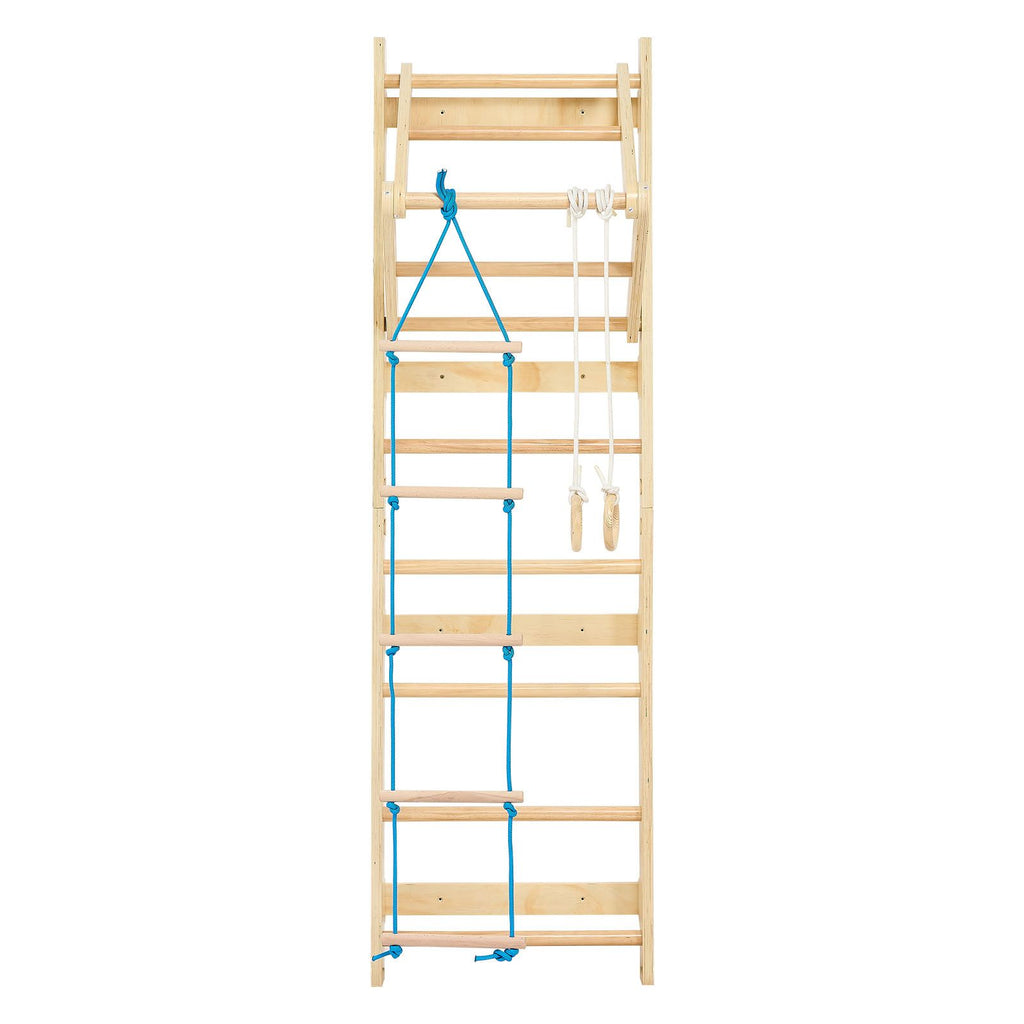 Swedish Ladder Wall Gym, 4-in-1 8-Level Indoor Jungle Gym, 220LBS Loading Solid Wood Gymnastic Stall Bars, Indoor Playground Climbing Playset with Gym Rings, Pull-Up Bar, Rope Ladder