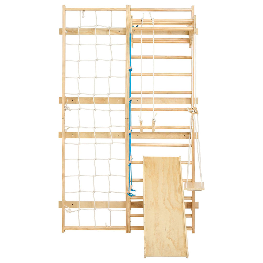 Swedish Ladder Wall Gym, 8-in-1 12-Level Solid Wood Gymnastic Stall Bars for Kids Adults, 220LBS Indoor Jungle Gym Playset with Climbing Board, Gym Rings, Pull-Up Bar, Wall Ladder, Slide, Swing