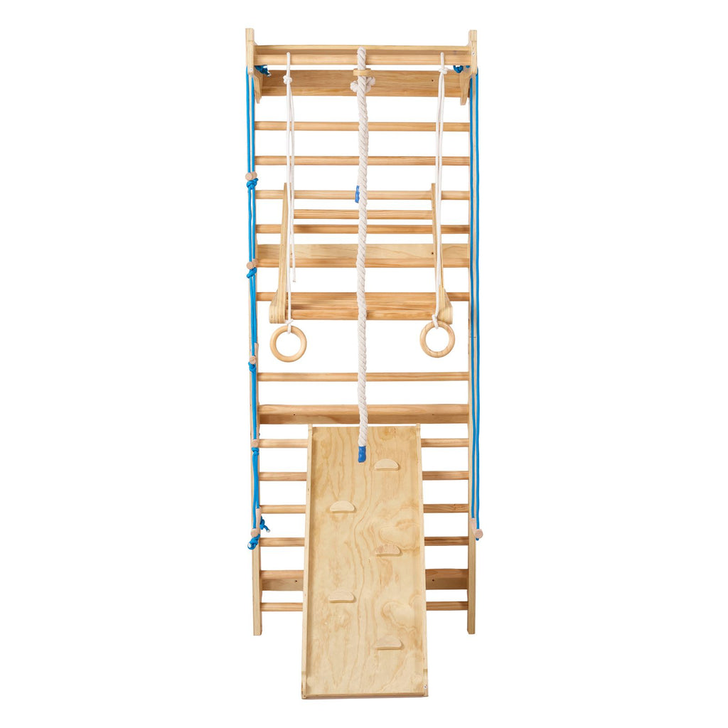Swedish Ladder Wall Gym, 8-in-1 15 Levels Solid Wood Wall Stall Bars, 220LBS Indoor Jungle Gym Climbing Playset with Wall Ladder, Slide Board, Pull-Up Bar, Gym Rings, Swing Seat, Rope Ladder