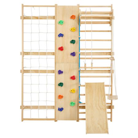 Swedish Ladder Wall Gym, 9-in-1 12-Level Solid Wood Gymnastic Stall Bars for Kids Adults, 220LBS Indoor Jungle Gym with Rock Climbing Wall, Gym Rings, Pull-Up Bar, Climbing Board, Slide, Swing