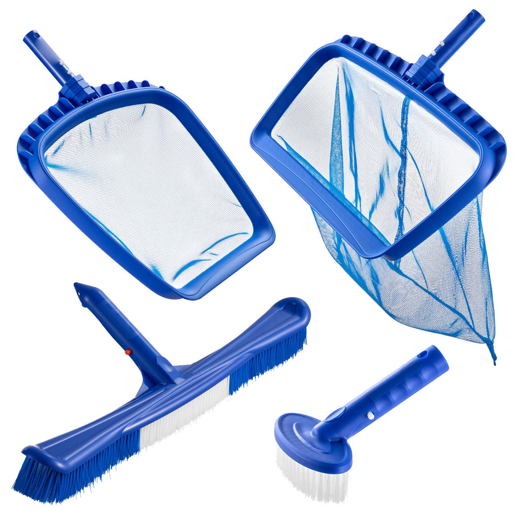 Swimming Pool Cleaning Kit, Includes 2 Detachable Brush Heads (20 Inch / 5.5 Inch) and 2 Pool Skimmer Nets, 4-in-1 Inground/Above Ground Pools Cleaning Tools Set for Leaf, Fine Mesh, No Poles