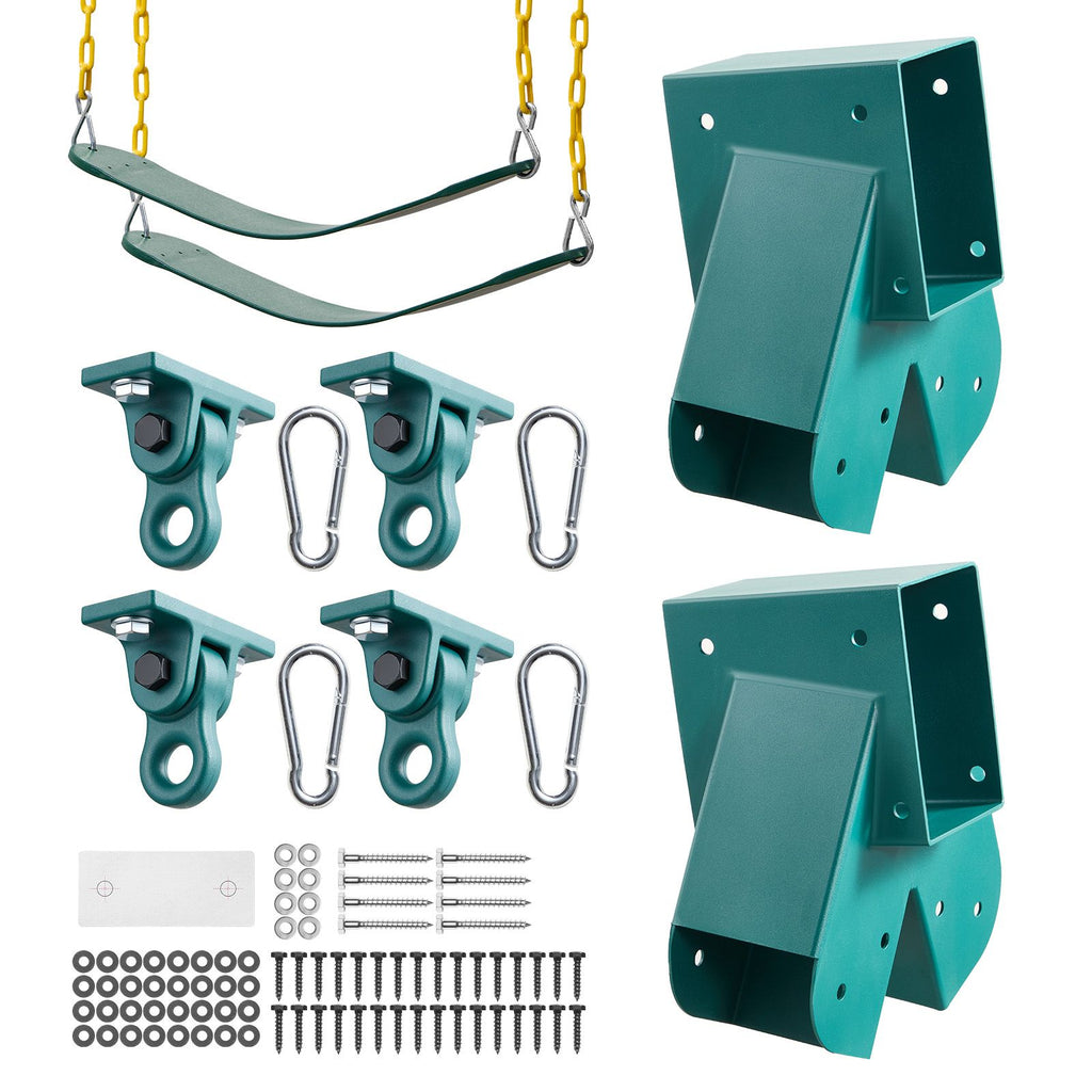 Swing Set Brackets, Heavy-Duty A-frame Set Hardware, with 2 A-Frame Swing Brackets & 2 Seats & 4 Hangers, for Playground Backyard Park Equipment Mounting Parts Outdoor, Hardware Included, Green