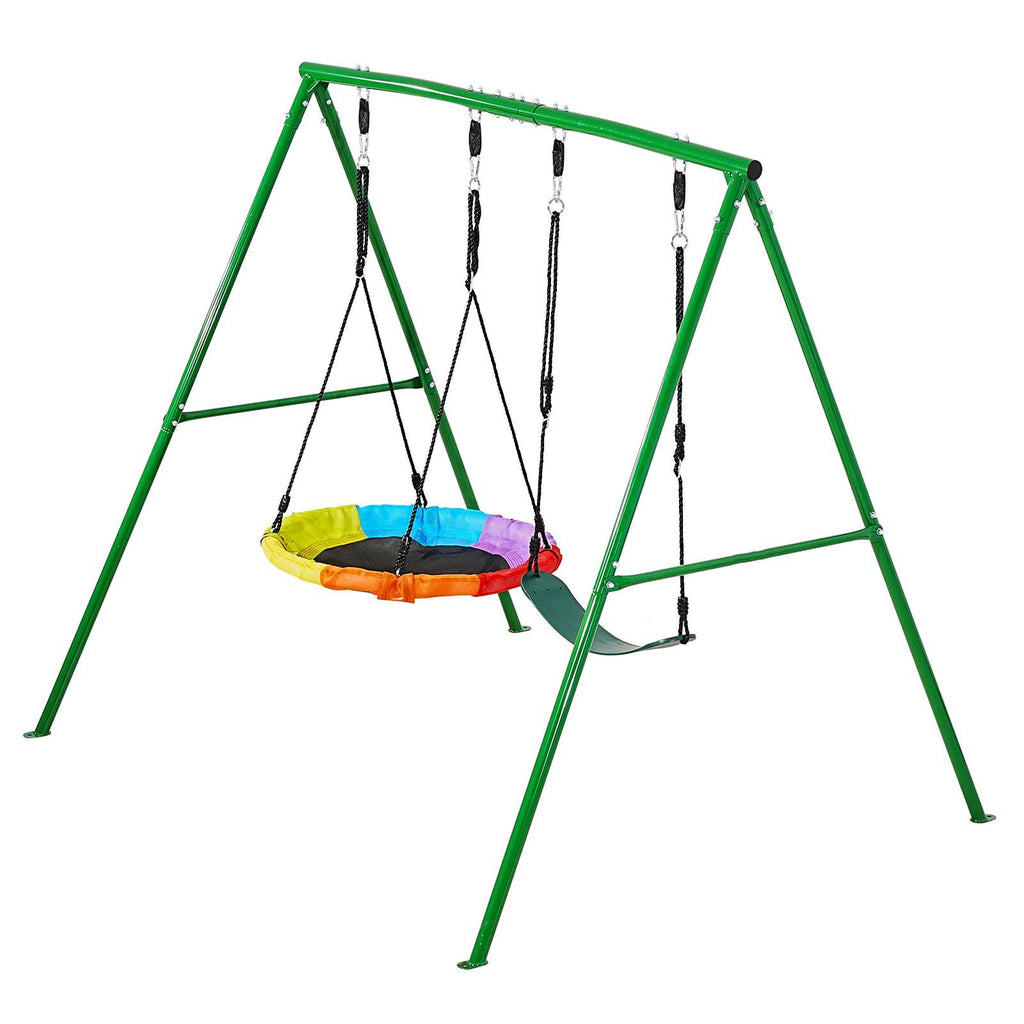 Swing Set for Backyard, 32 in Saucer Swing Seat and Belt Seat, with Heavy Duty A-Frame Metal Stand, 440 lbs Load Capacity, Reinforced with Spiral Ground Anchors, Swingset Outdoor for Kids