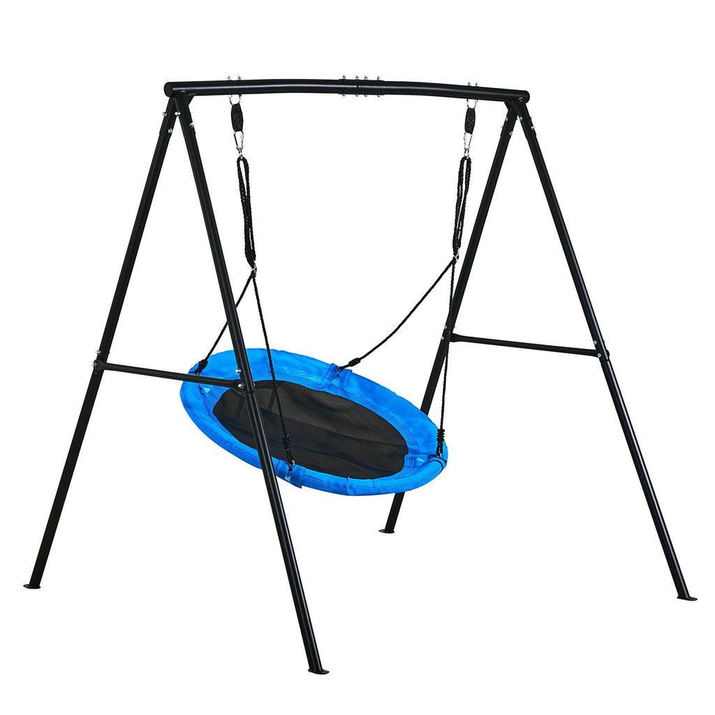 Swing Set for Backyard, 40 in Saucer Swing Seat with Heavy Duty A-Frame Metal Stand, 440 lbs Load Capacity, Reinforced with Spiral Ground Anchors, Swingset Outdoor for Kids, Black and Blue