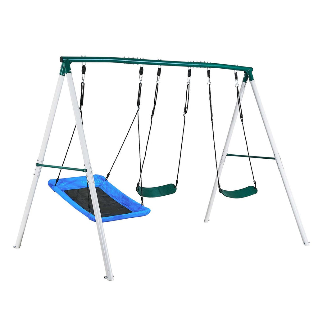 Swing Set for Backyard, 45 x 30 in Swing Seat and Two Belt Seats, with Heavy Duty A-Frame Metal Stand, 700 lbs Load Capacity, Reinforced with Spiral Ground Anchors, Swingset Outdoor for Kids