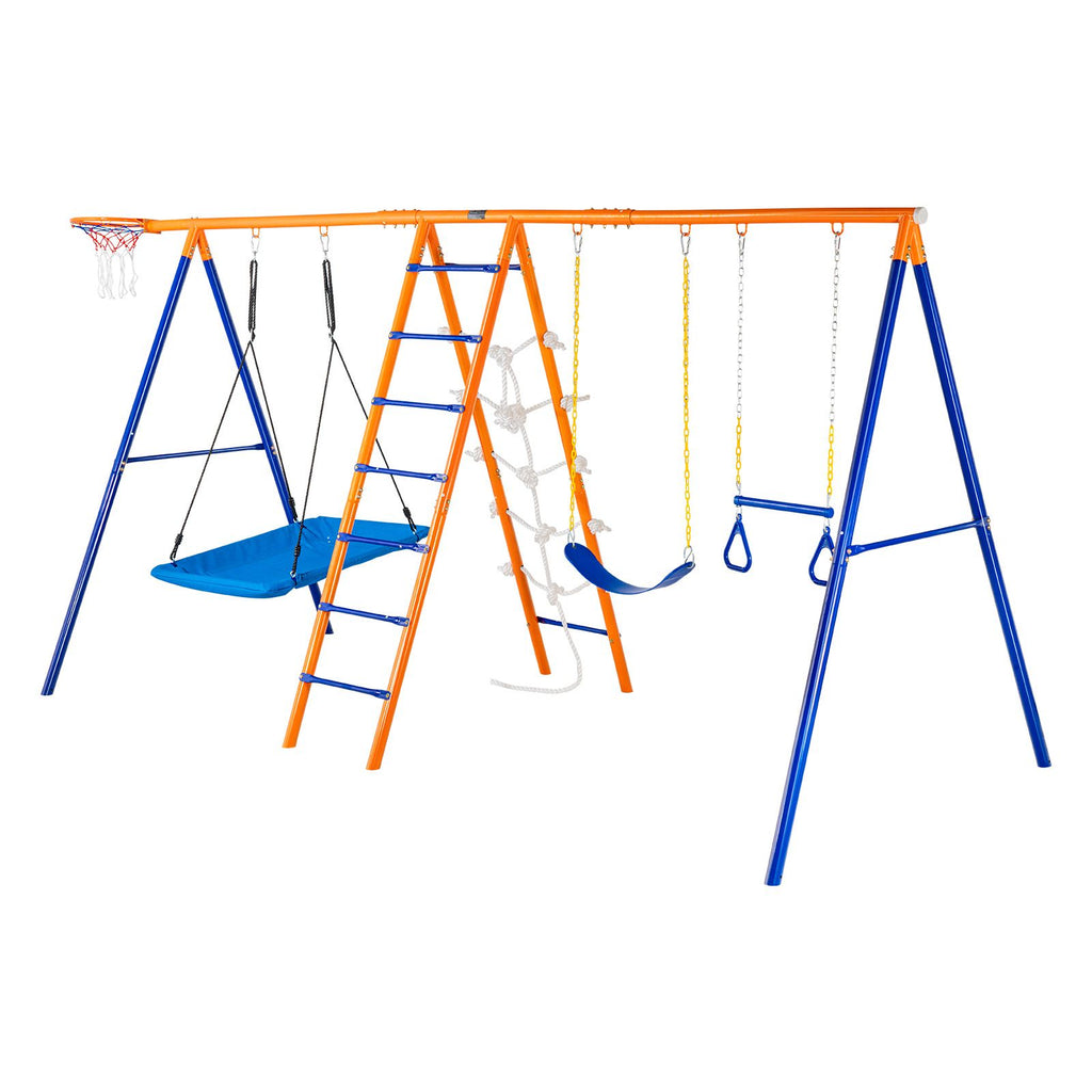 Swing Sets for Backyard, 6 in 1 Swing Set with 2 Swings, Trapeze Bar, Climbing Ladder, Climbing Net, and Basketball Hoop, 440lbs Load Capacity Heavy-Duty Metal Swingset Outdoor for Kids Ages 3+