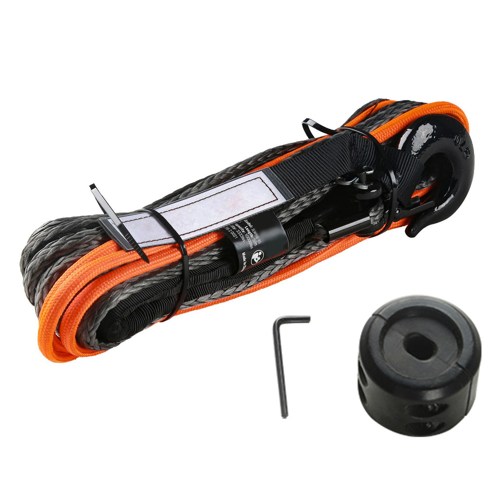 Synthetic Winch Rope, 3/16 Inch x 50 Feet 8,350 lbs Synthetic Winch Line Cable Rope with Protective Sleeve + Stopper + Forged Winch Hook + Pull Strap, Universal Fit for ATV, UTV, Vehicle Towing