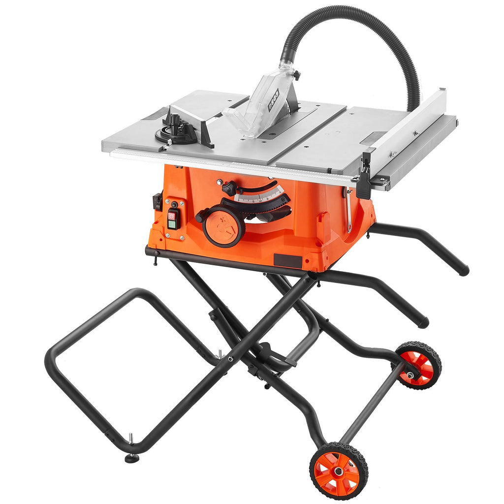 Table Saw with Stand, 10-inch 15-Amp, Max Rip 25-in, Speed to 5000RPM, 40T Blade, Compact Portable Jobsite Saw with Sliding Miter for Wood & Furniture Crafting