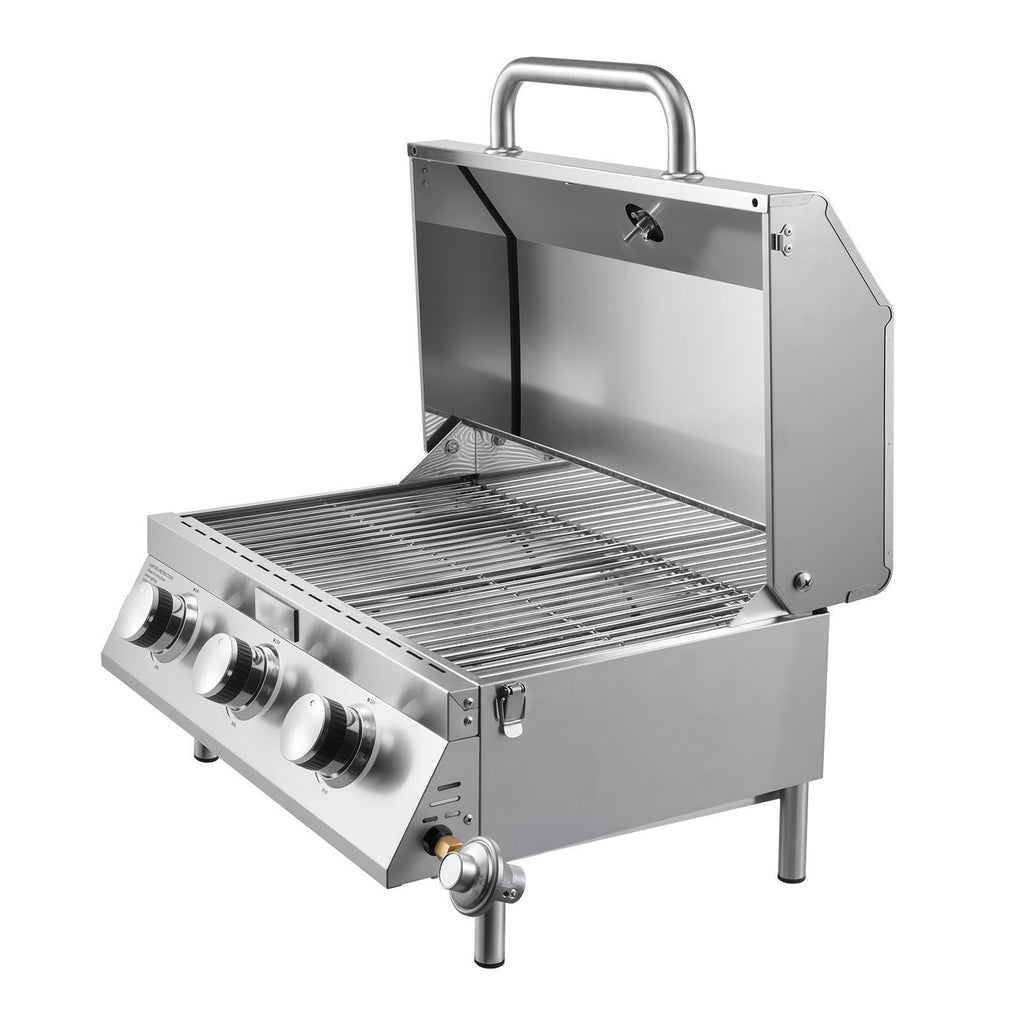 Tabletop Gas Grill, 3-Burner Stainless Steel Portable Propane Grill, with Built-in Thermometer, Travel Locks, Weatherproof Lid, 22,500 BTU Total, for Outdoor Cooking, Patio, Party, Camping, RV