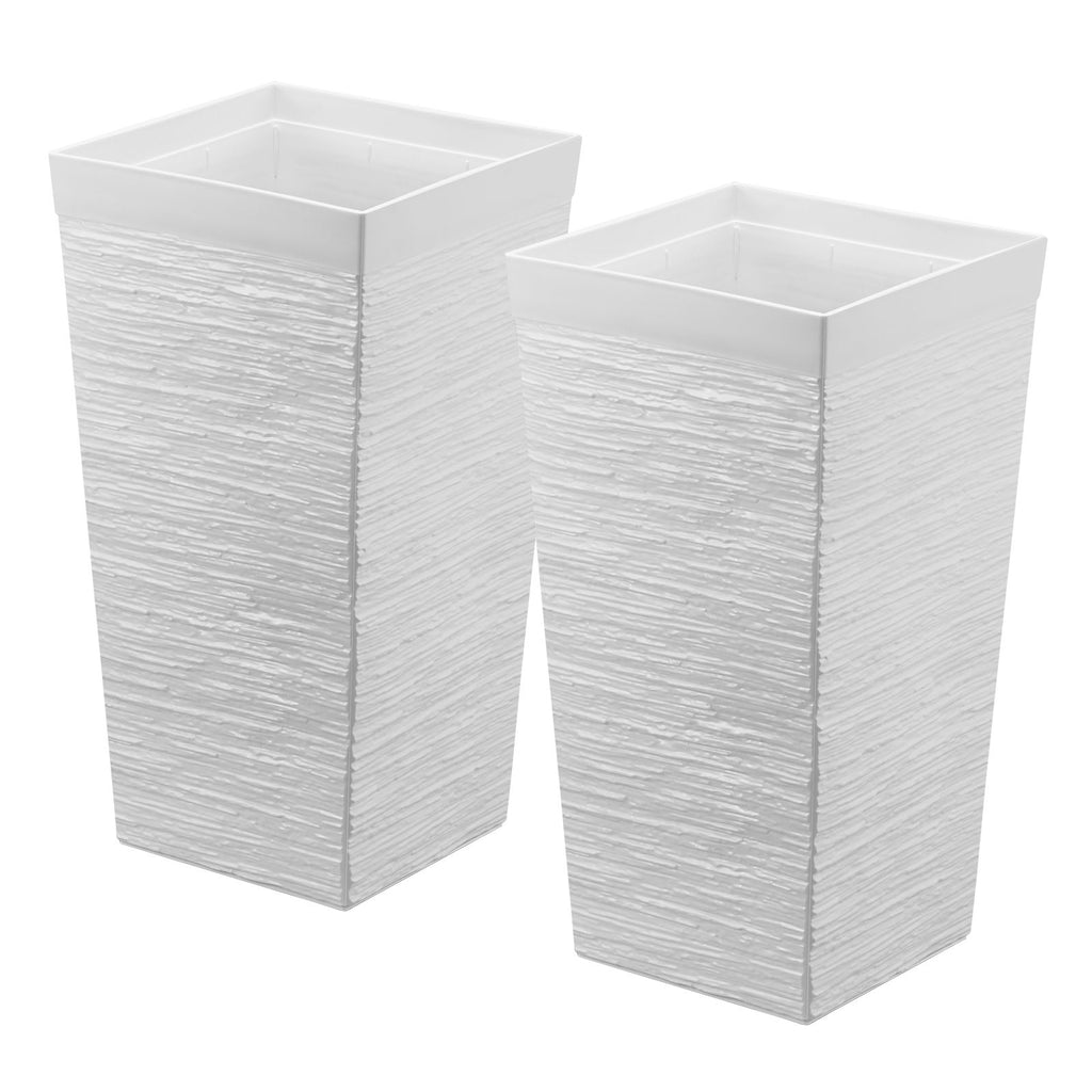 Tall Planters Set of 2, 23 Inch Large Outdoor Taper Planters for Outdoor Indoor Plants, Front Porch Plastic Modern Flower Pots with Casters, Inner Pot & Drainage Holes for Patio, Garden, White