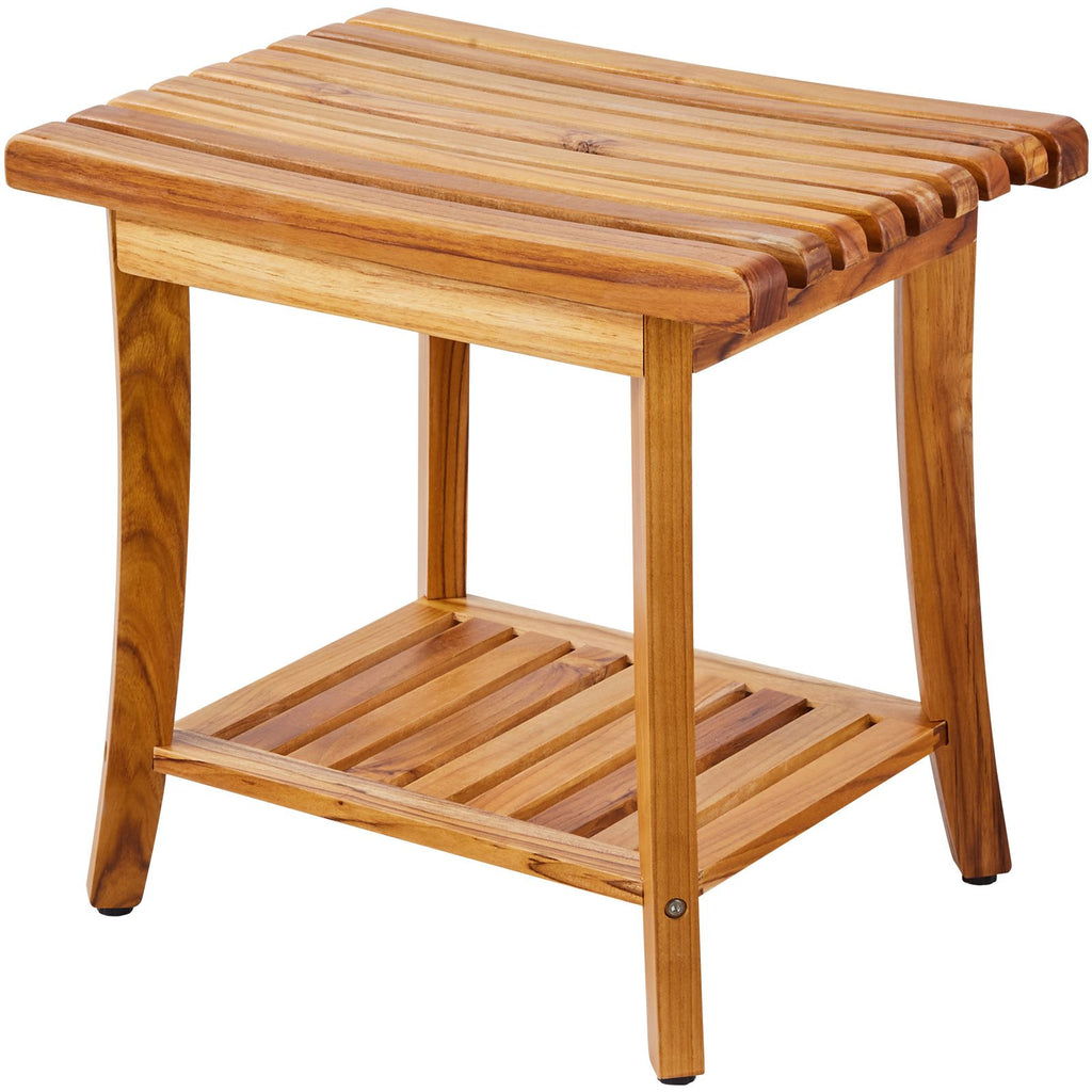 Teak Shower Bench, 20 x 14.3 x 17.9 in, Waterproof Wood Shower Stool with Storage Shelf Non-Slip Foot Pads, 400 lbs Maximum Load Capacity Shower Chair Seat, for Bathroom Indoor and Outdoor Use