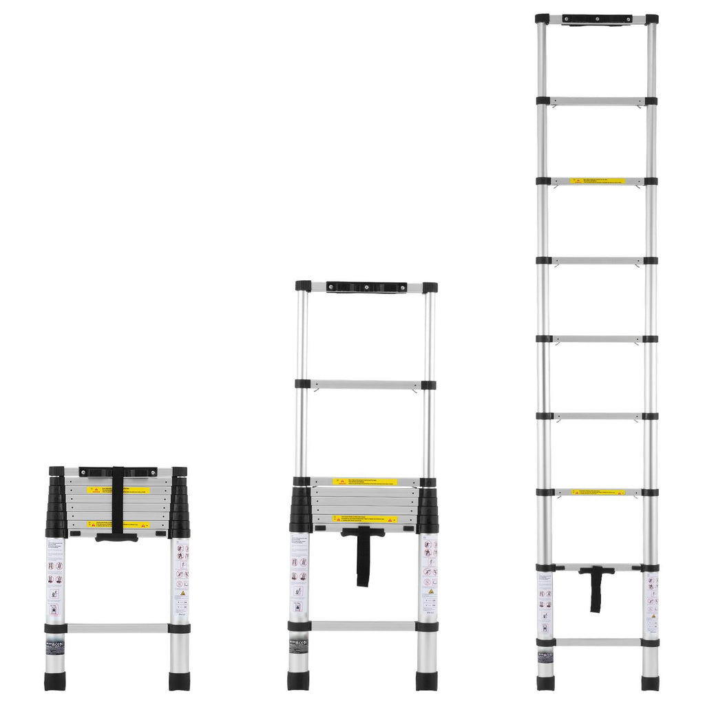 Telescoping Ladder, 8.5FT Aluminum Lightweight Extension Ladder, One-button Retraction Collapsible Ladder, 375 LBS Capacity with Non-slip Feet, Portable Compact Ladders for Home, RV, Loft