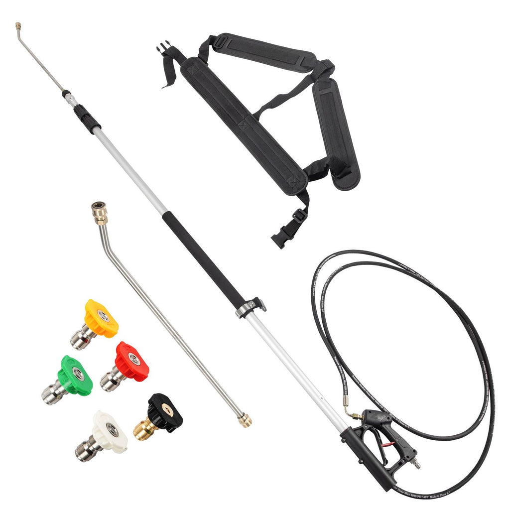 Telescoping Pressure Washer Wand, Max. 18 ft Adjustable Power Washer Extension Wand, 4000PSI 9GPM Power Cleaning Tools with 5 Nozzle Tips, Strap Belt, 3/8\'\' & 1/4\'\' Quick Connectors, Silver/