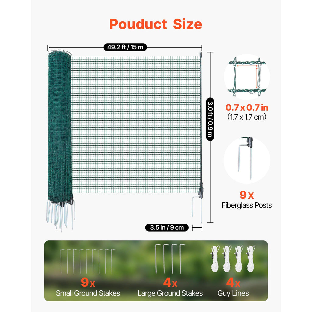 Temporary Fence with Posts, 3 x 49.2 FT Plastic Mesh Fencing, Garden Safety Fences Netting with Double-Spike Stakes & Guy Ropes, Temporary Fence for Dogs, Chickens, Plants, Outdoor Yards image 2