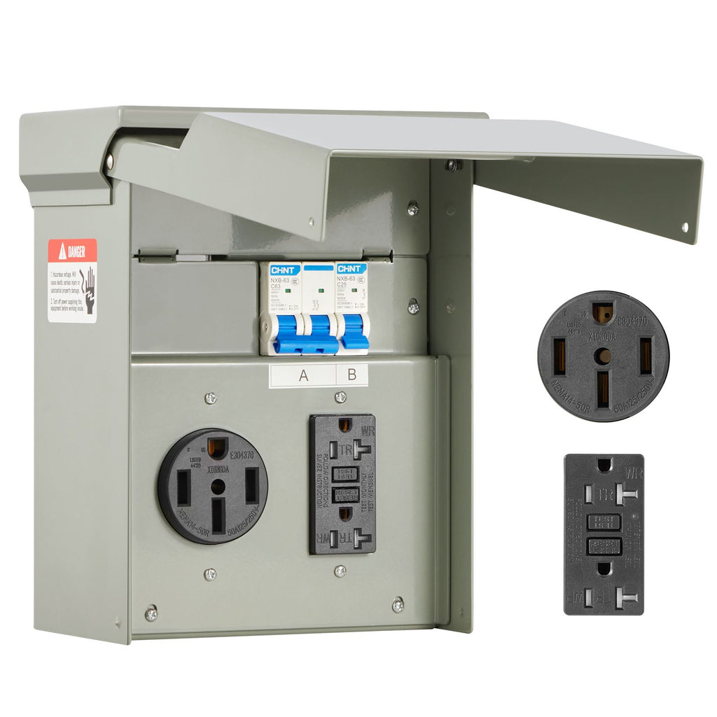 Temporary Power Outlet Panel, 20 50 Amp, RV EV Electrical Outlet Panel with NEMA 50 Amp GFCI 20 Amp Receptacle Installed, Pre-Wired IP54 Weatherproof Box, for RV Camper Car Travel Motorhome