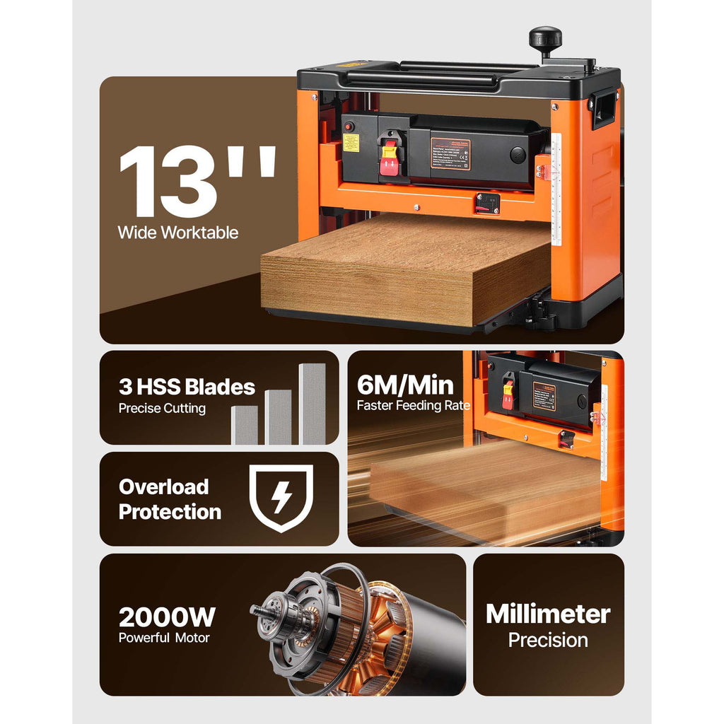 Thickness Planer, Three-Blade, 13-Inch Width Worktable Power Benchtop Planer, 2000W 23500 RPM Powerful Motor, Dual Rollers, Over Protection, Single Speed Woodworking, for Hard Soft Wood Material image 2