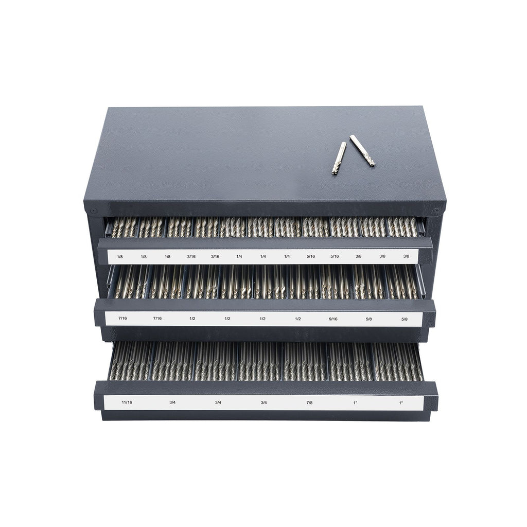 Three-Drawer Steel Cabinet for End Mill Organization, Accommodates 1/8" to 1", Features 29 Compartments with Labels, Stackable Design for Efficient Storage
