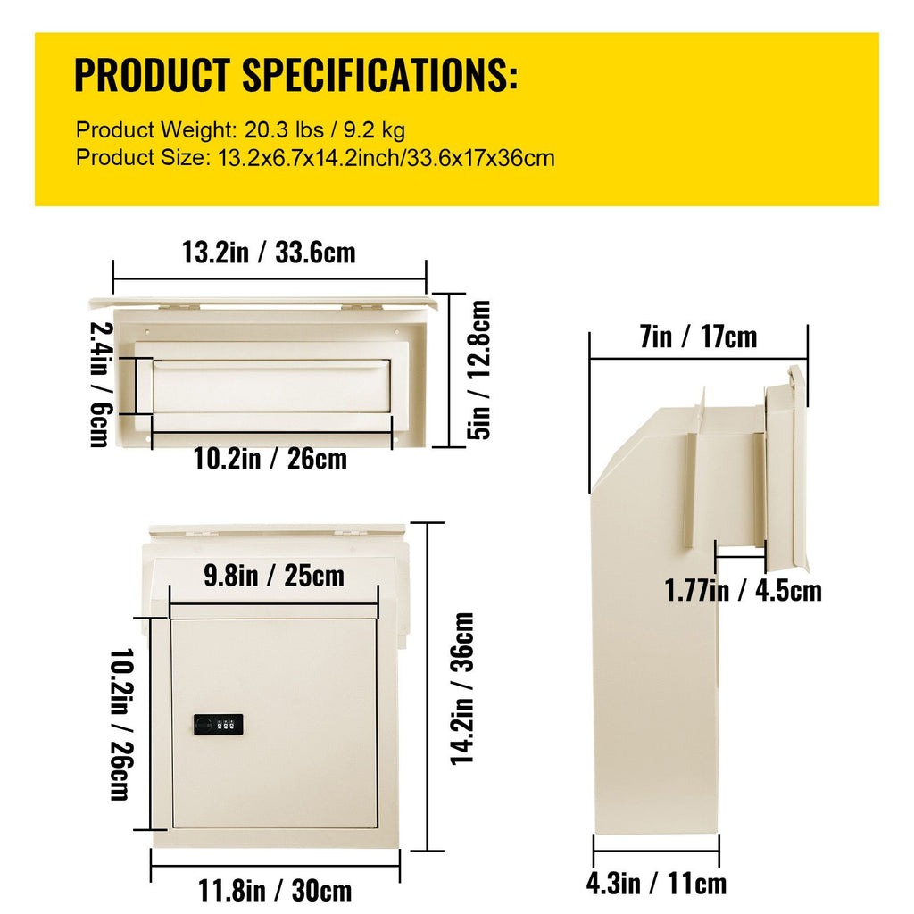Through-The-Door Locking Drop Box, 11.8\'\'x4.3\'\'x14.2\'\' Door Drop Box, Door Slot Mailbox with 1.77\'\' Chute & Code Lock, Rainproof Steel Mail Catcher for Depositing Mail, Keys, Rents, Chec