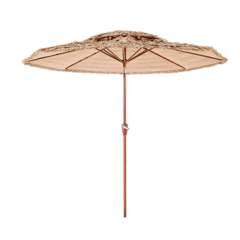 Tiki Umbrella, 9 ft Thatched Patio Umbrella with Tilt, 2-Tier Hawaiian Style Beach Parasol with PP Thatch and 8 Metal Ribs, Grass Pool Umbrellas for Beach, Patio, Poolside, Backyard & Garden