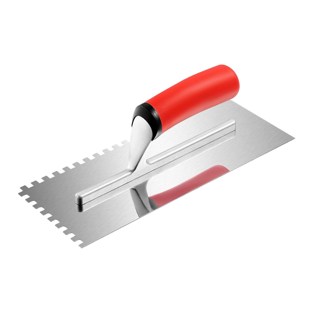 Tile Tools, Stainless Steel Squared Notch Tile and Flooring Trowel, 10.9 x 4.4 in Pro Grade Drywall Tool, Ergonomic Rubber Grip Comfort Handle, for Apply, Spread, Flatten, Smooth, Polish