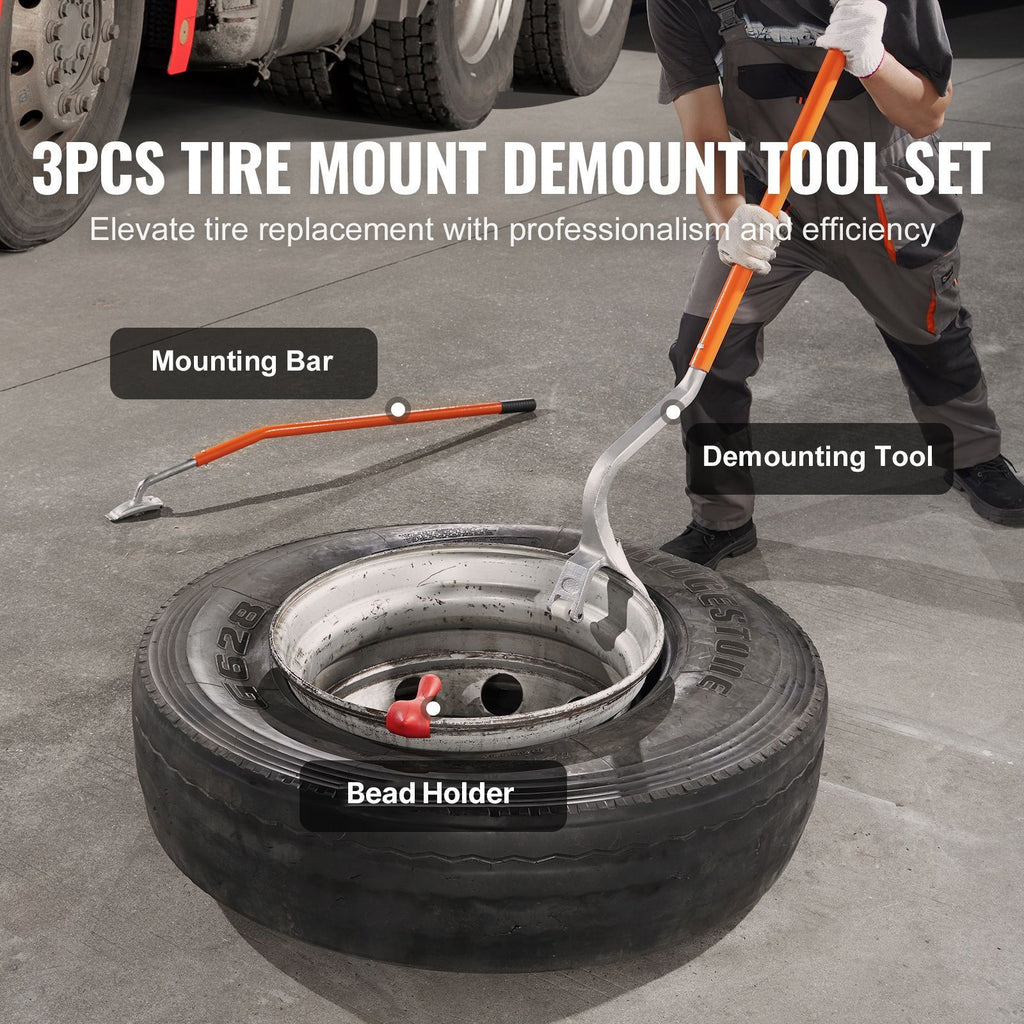 Tire Mount Demount Tool, 22.5"-24.5" Manual Steel Tire Changer Mount Demount Removal Tool, with Extra Bead Holder, Tubeless Truck Bead Breaker, 3 PCS Tire Changing Tools, Orange